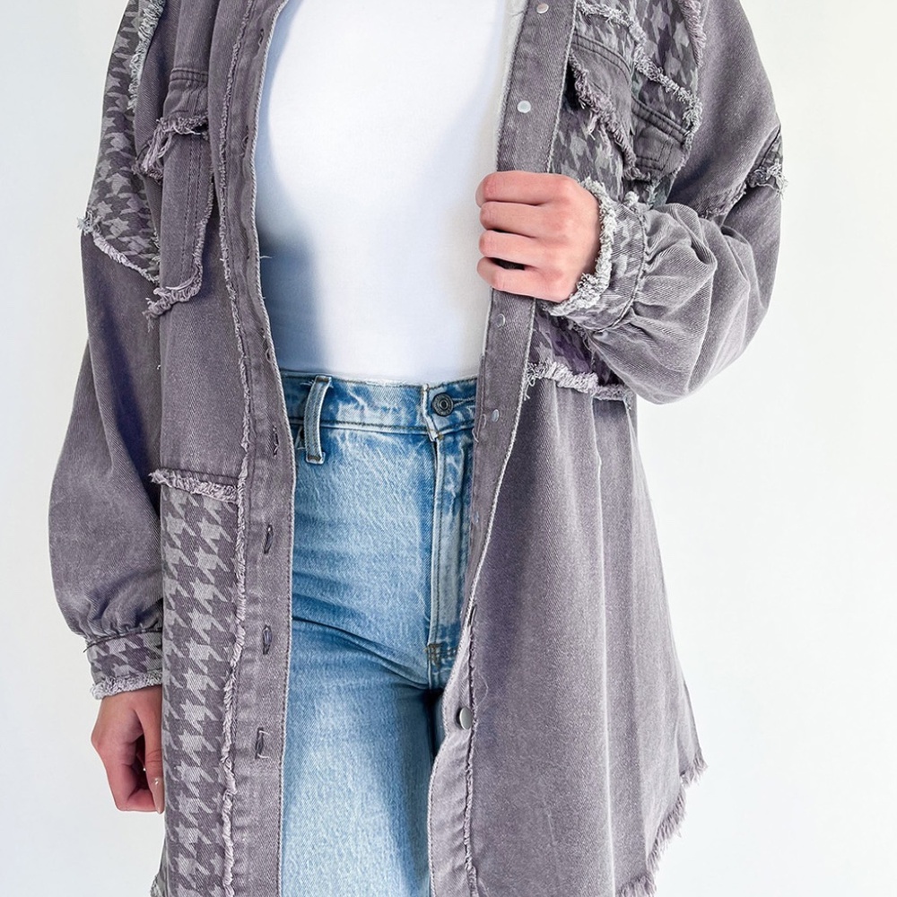 B098 Medium Grey Retro Distressed Houndstooth Patchwork Denim Jacket - Picture 2 of 3